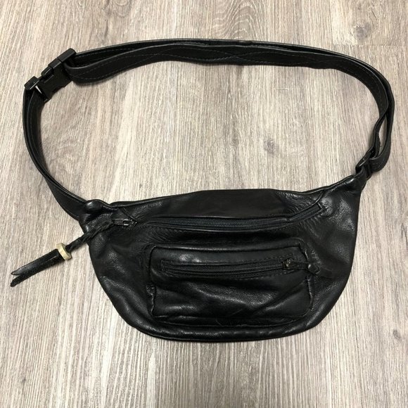 Vintage Handbags - Vintage Black Leather Fanny Pack Belt Bag Mt. Airy Leathers 90s Grunge Festival